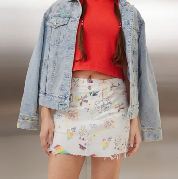 AMERICAN EAGLE Denim Mini Skirt Pride Rainbow Accents High Waist Size 10 NWT - Picture 2 of 12